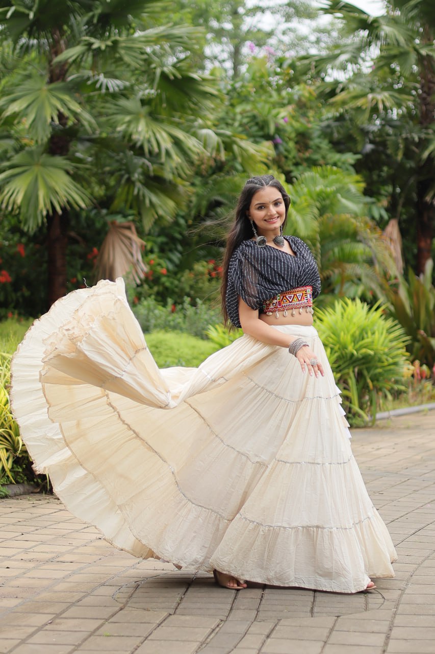 Womenline White Color Kora Cotton Lehenga With Black Choli