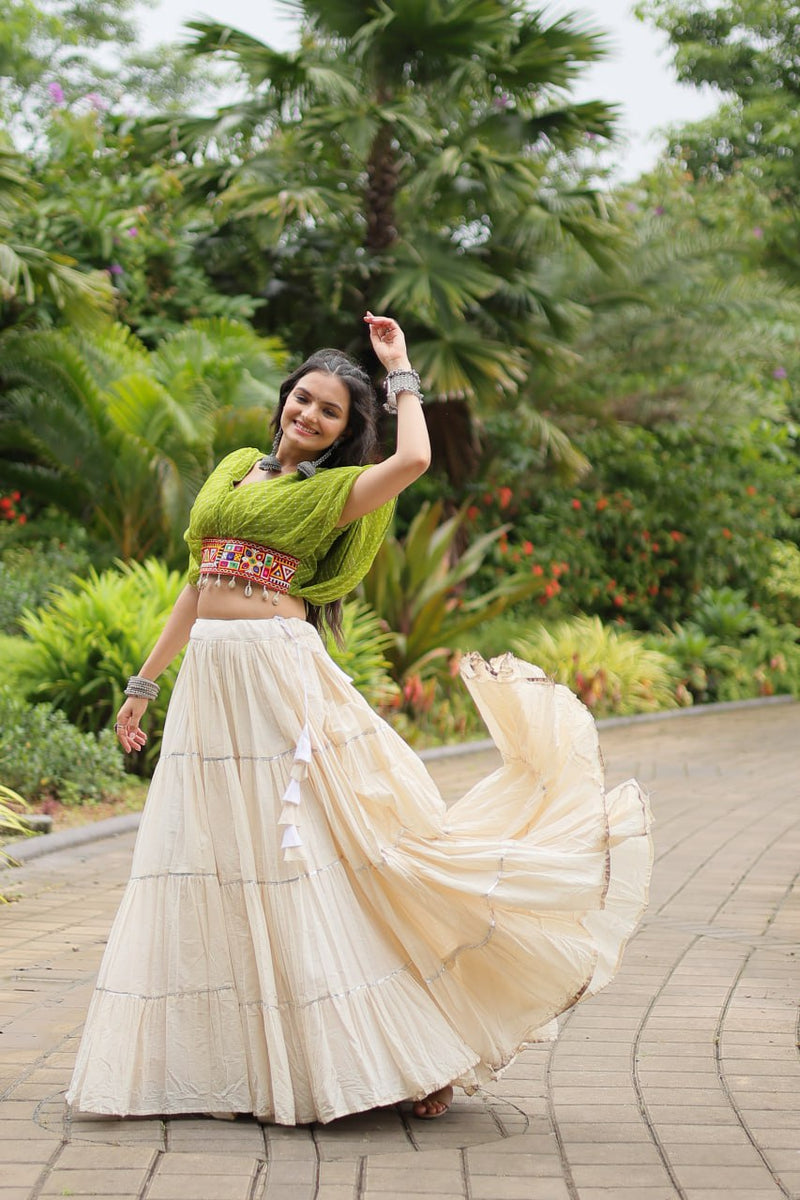 Womenline White Color Kora Cotton Lehenga With Parrot Green Choli