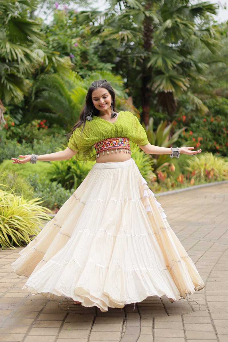Womenline White Color Kora Cotton Lehenga With Parrot Green Choli
