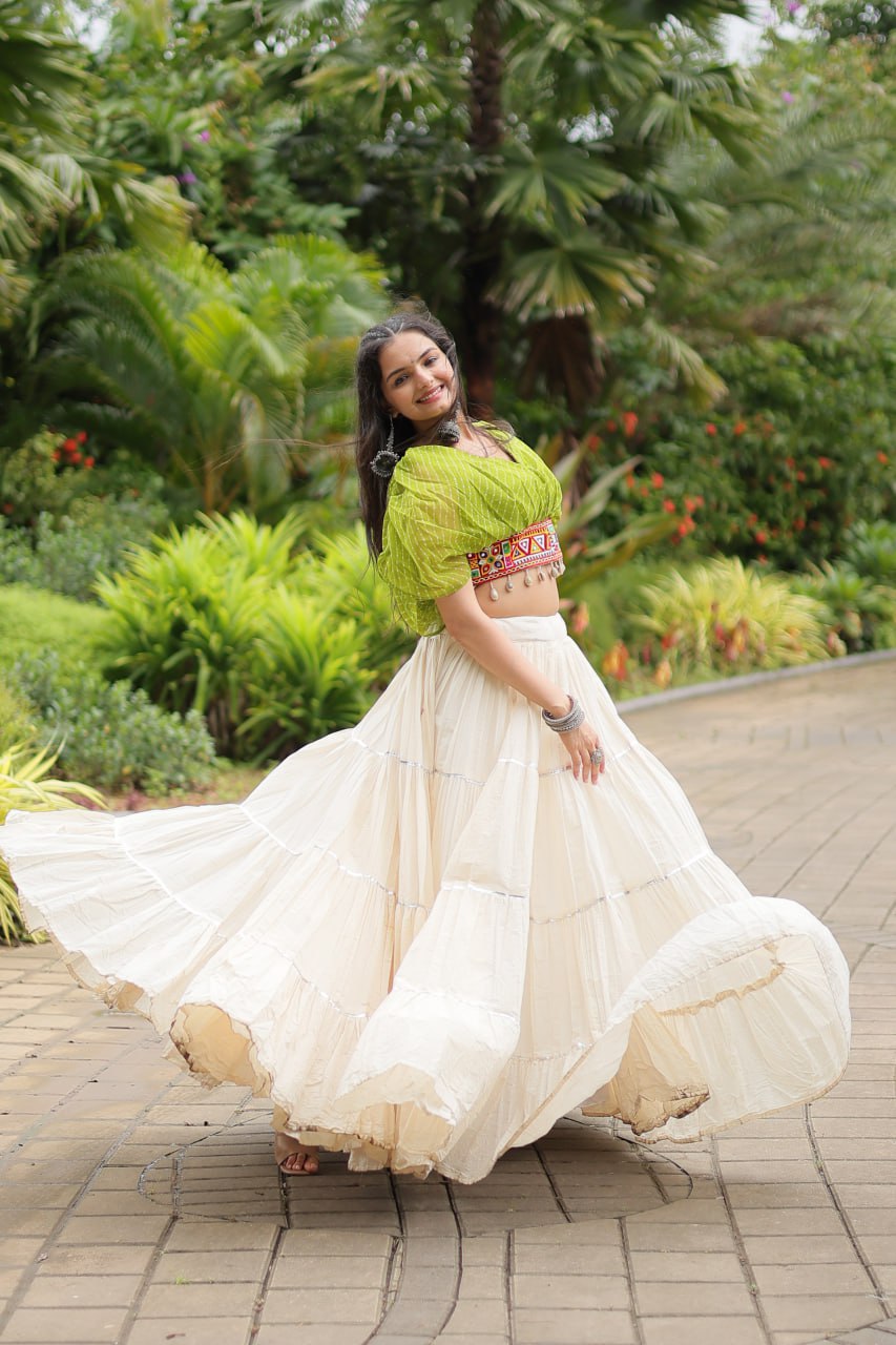 Womenline White Color Kora Cotton Lehenga With Parrot Green Choli