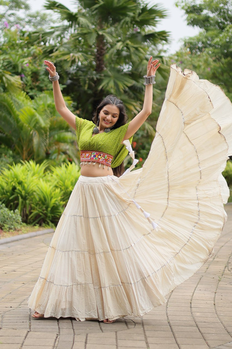 Womenline White Color Kora Cotton Lehenga With Parrot Green Choli