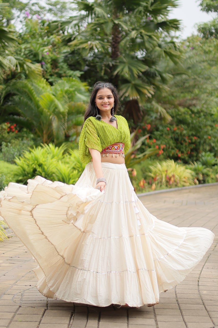 Womenline White Color Kora Cotton Lehenga With Parrot Green Choli