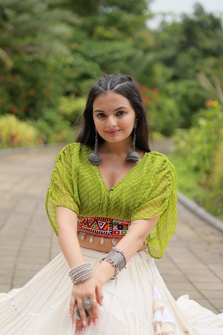 Womenline White Color Kora Cotton Lehenga With Parrot Green Choli