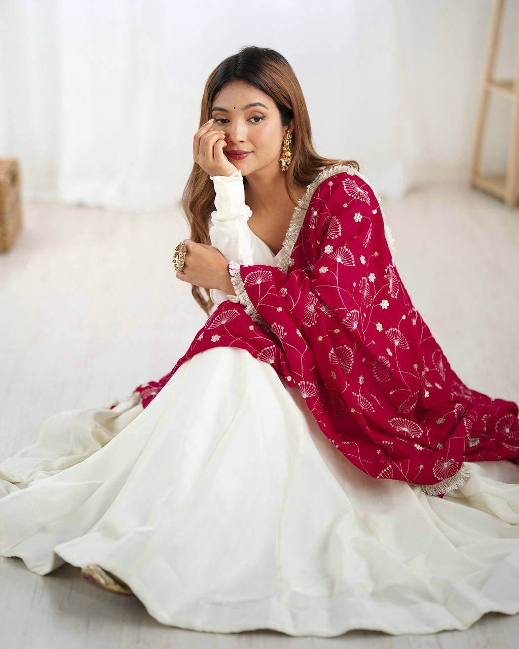 Womenline White Color Soft Vichitra Silk Anarkali With Rani Pink Dupatta