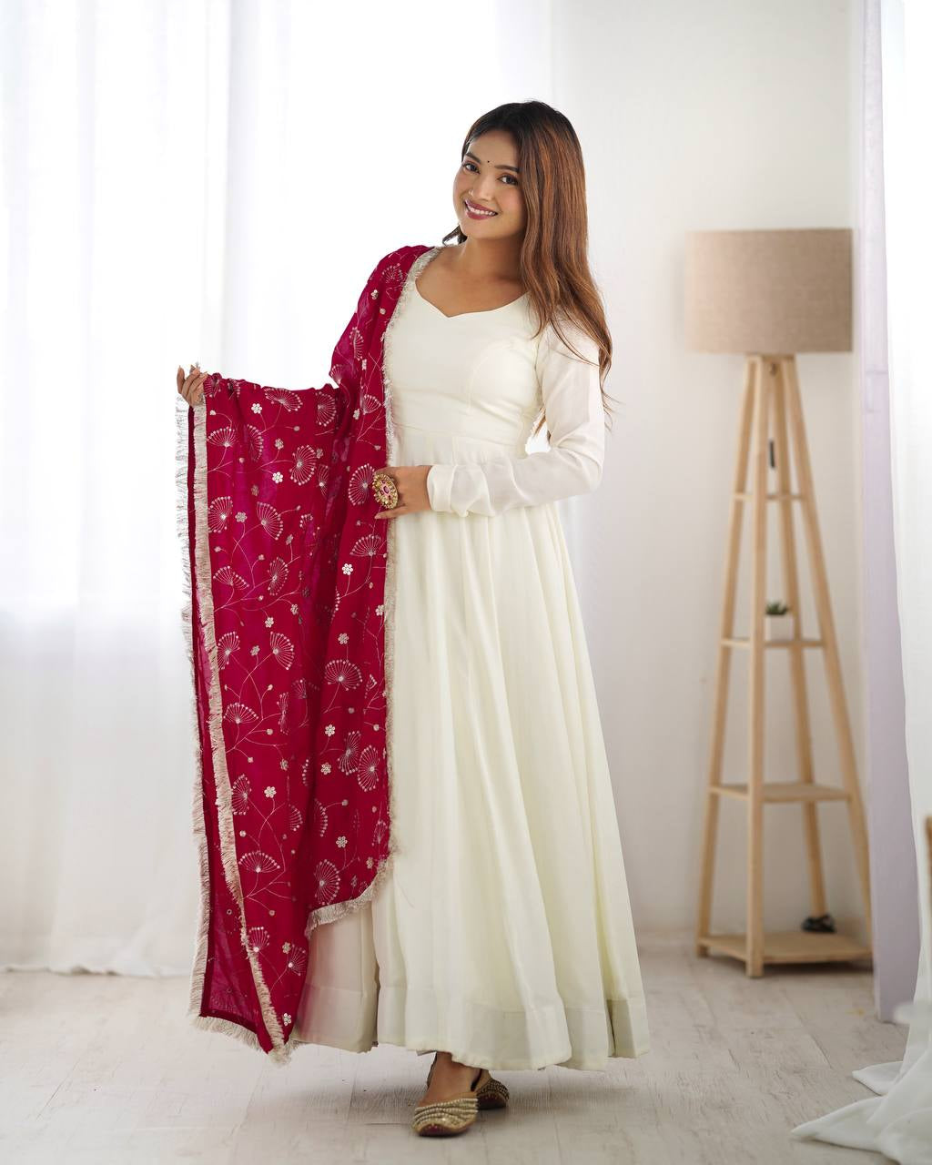 Womenline White Color Soft Vichitra Silk Anarkali With Rani Pink Dupatta