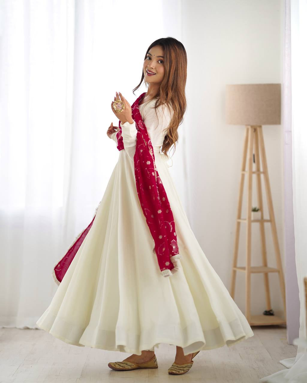 Womenline White Color Soft Vichitra Silk Anarkali With Rani Pink Dupatta