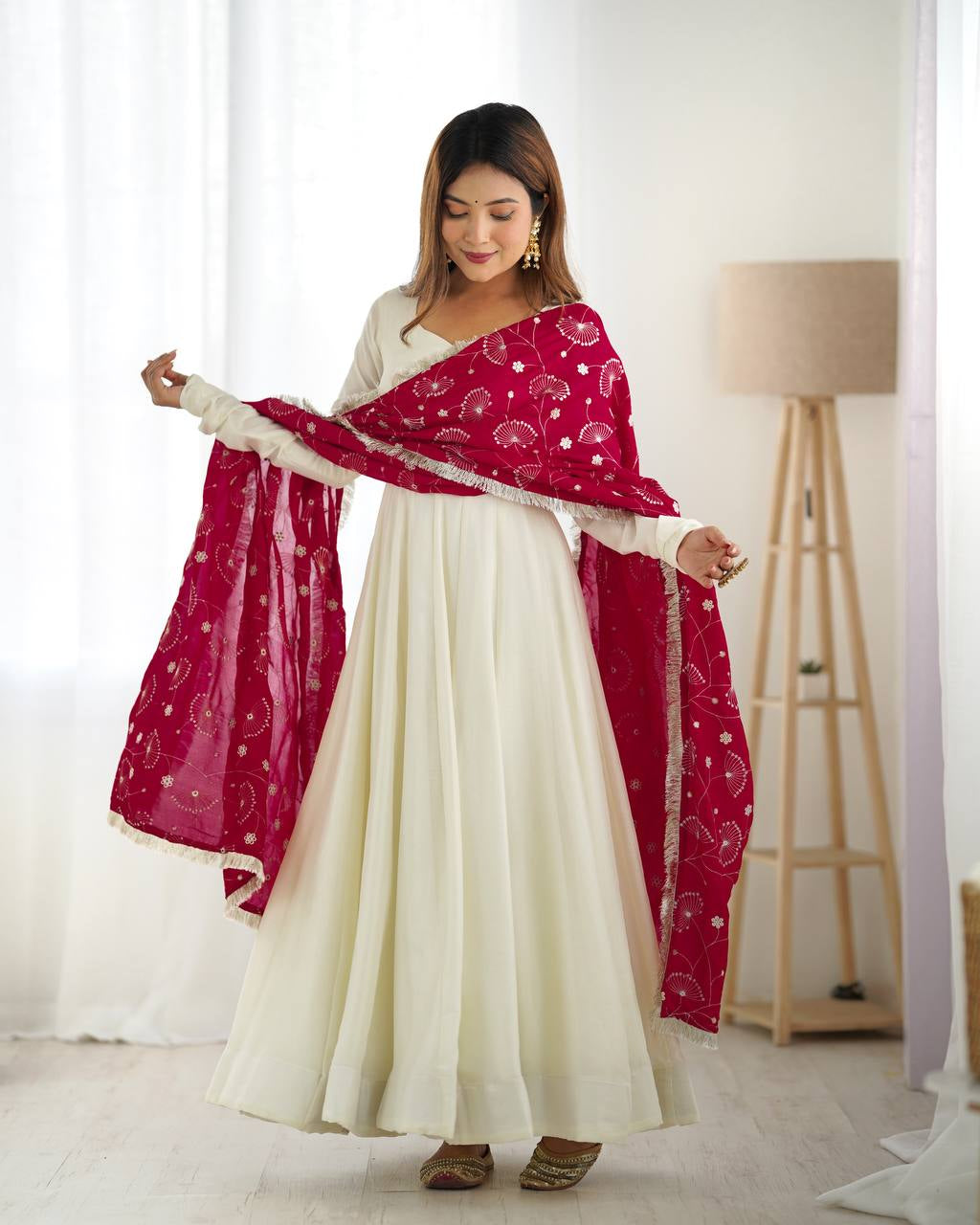 Womenline White Color Soft Vichitra Silk Anarkali With Rani Pink Dupatta