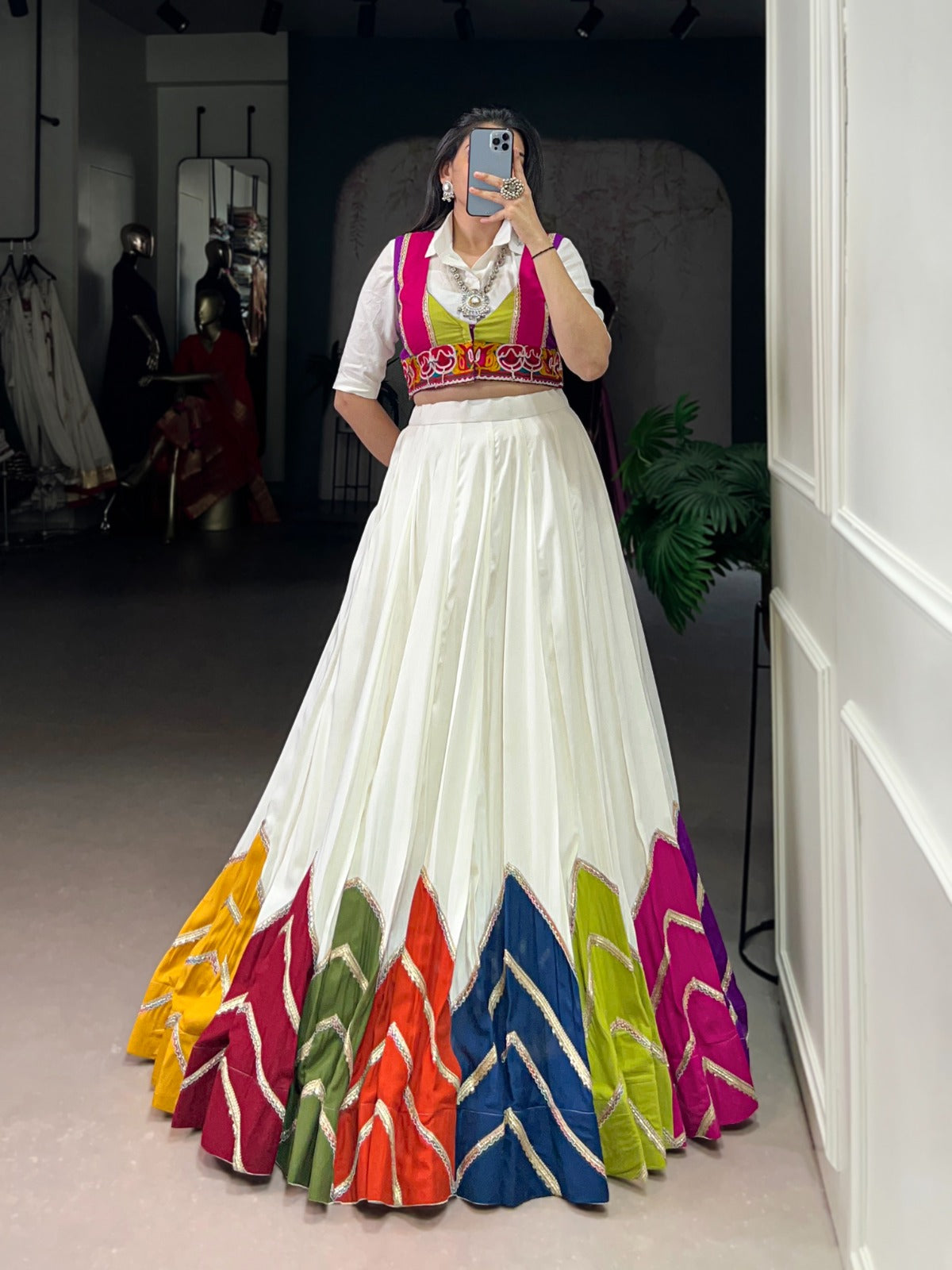 Womenline White Rayon Navratri Lehenga Choli WIth Multicolor Border