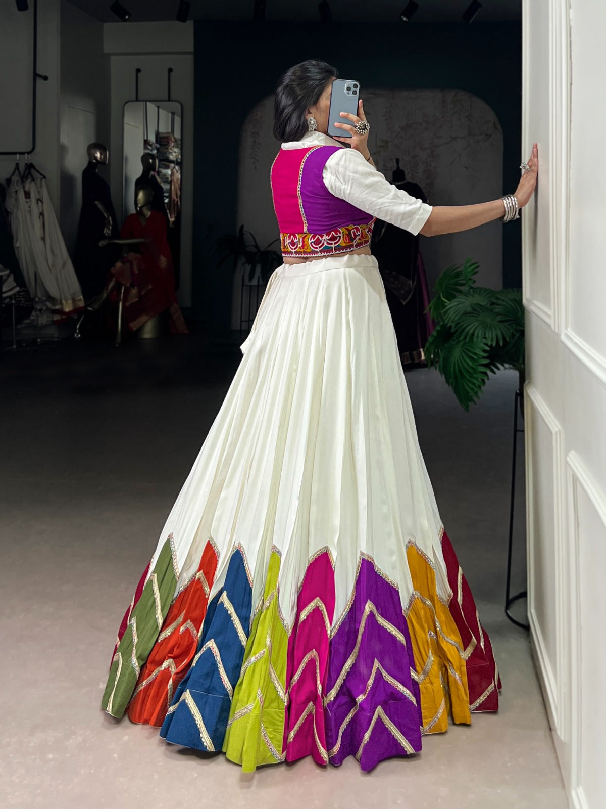 Womenline White Rayon Navratri Lehenga Choli WIth Multicolor Border