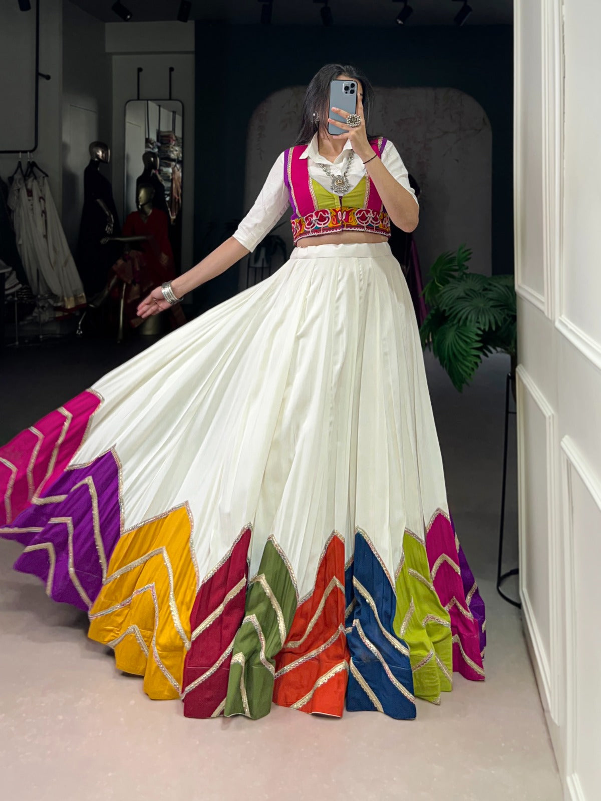 Womenline White Rayon Navratri Lehenga Choli WIth Multicolor Border