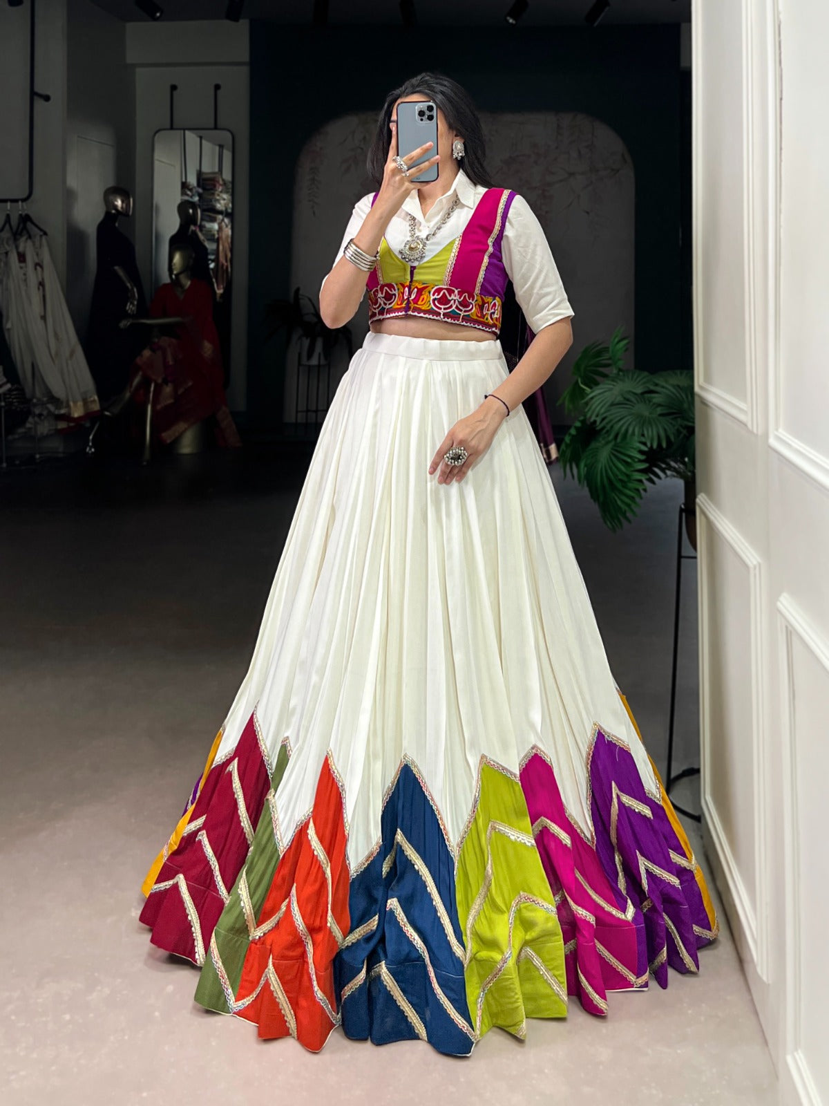 Womenline White Rayon Navratri Lehenga Choli WIth Multicolor Border