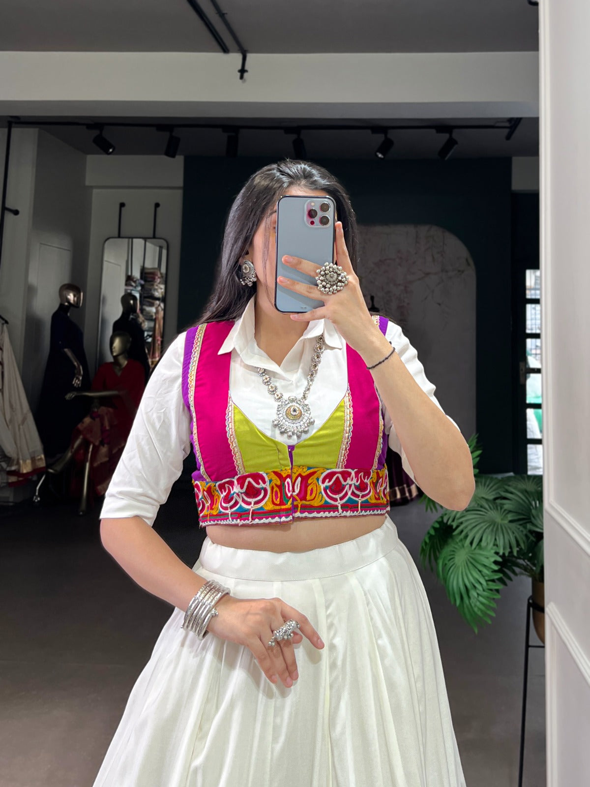 Womenline White Rayon Navratri Lehenga Choli WIth Multicolor Border