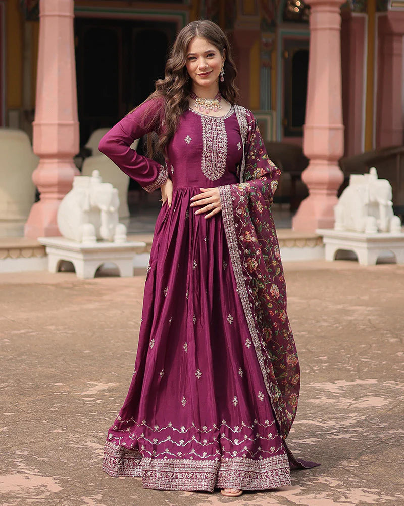Womenline Wine Color Chinnon Sequence Embroidered Gown