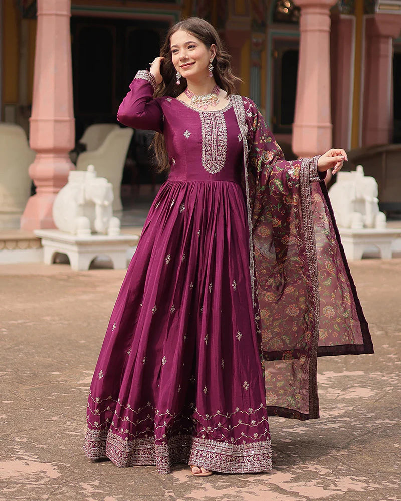 Womenline Wine Color Chinnon Sequence Embroidered Gown