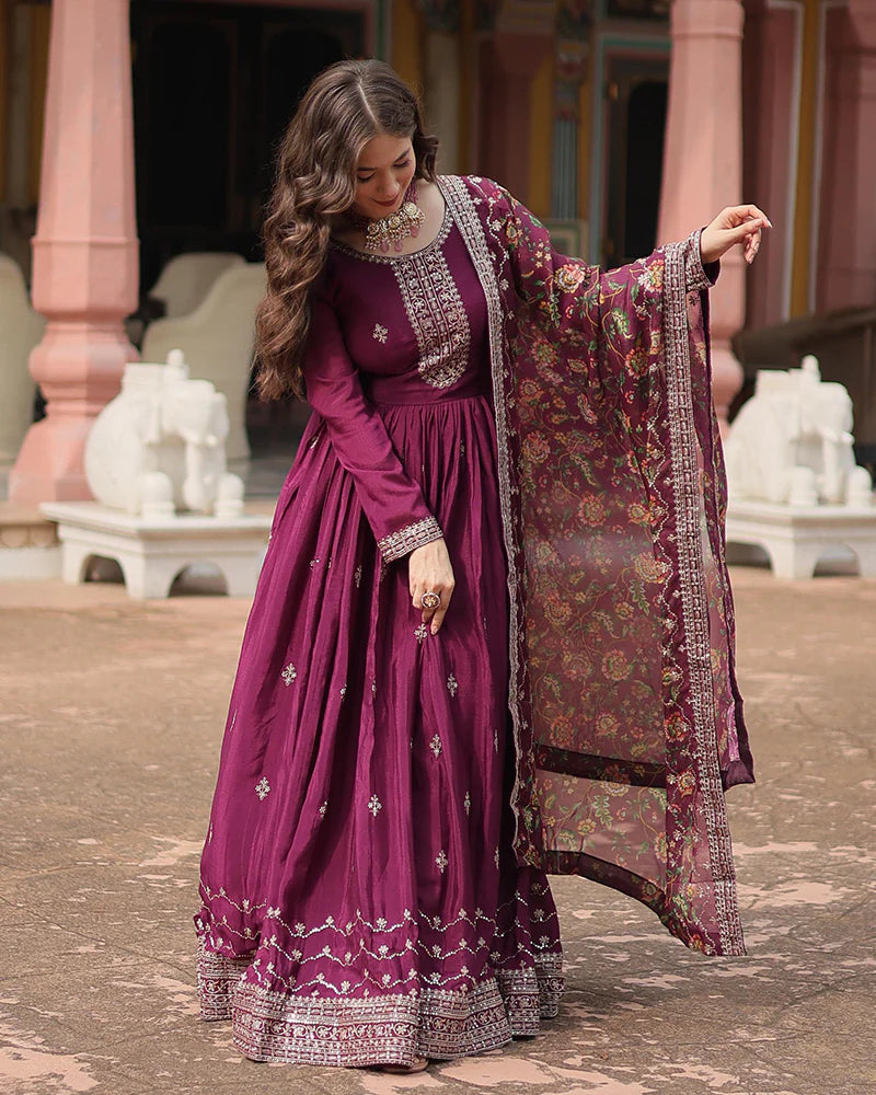 Womenline Wine Color Chinnon Sequence Embroidered Gown