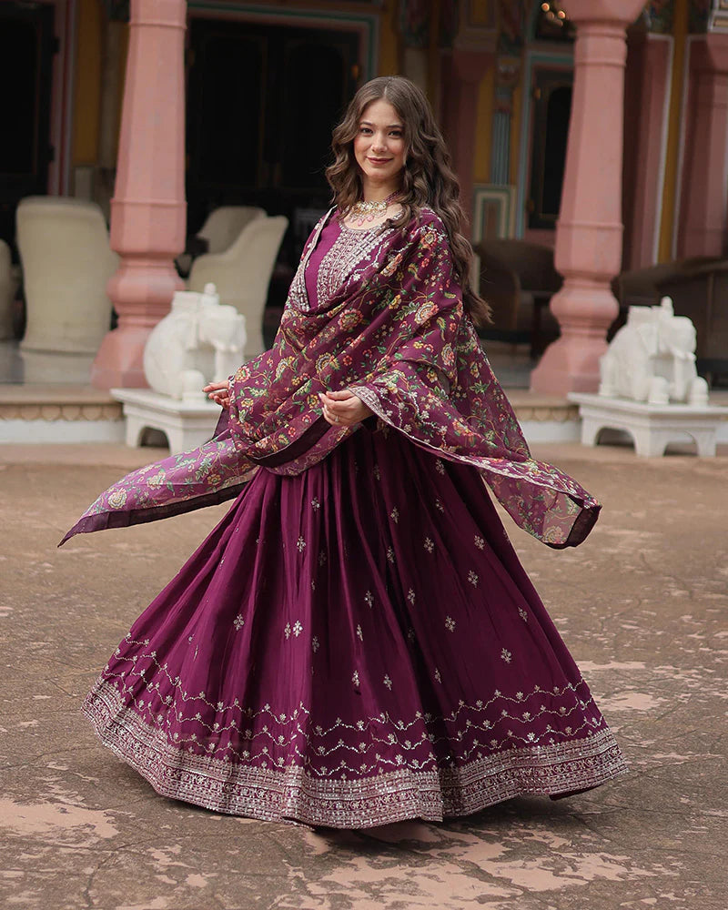 Womenline Wine Color Chinnon Sequence Embroidered Gown