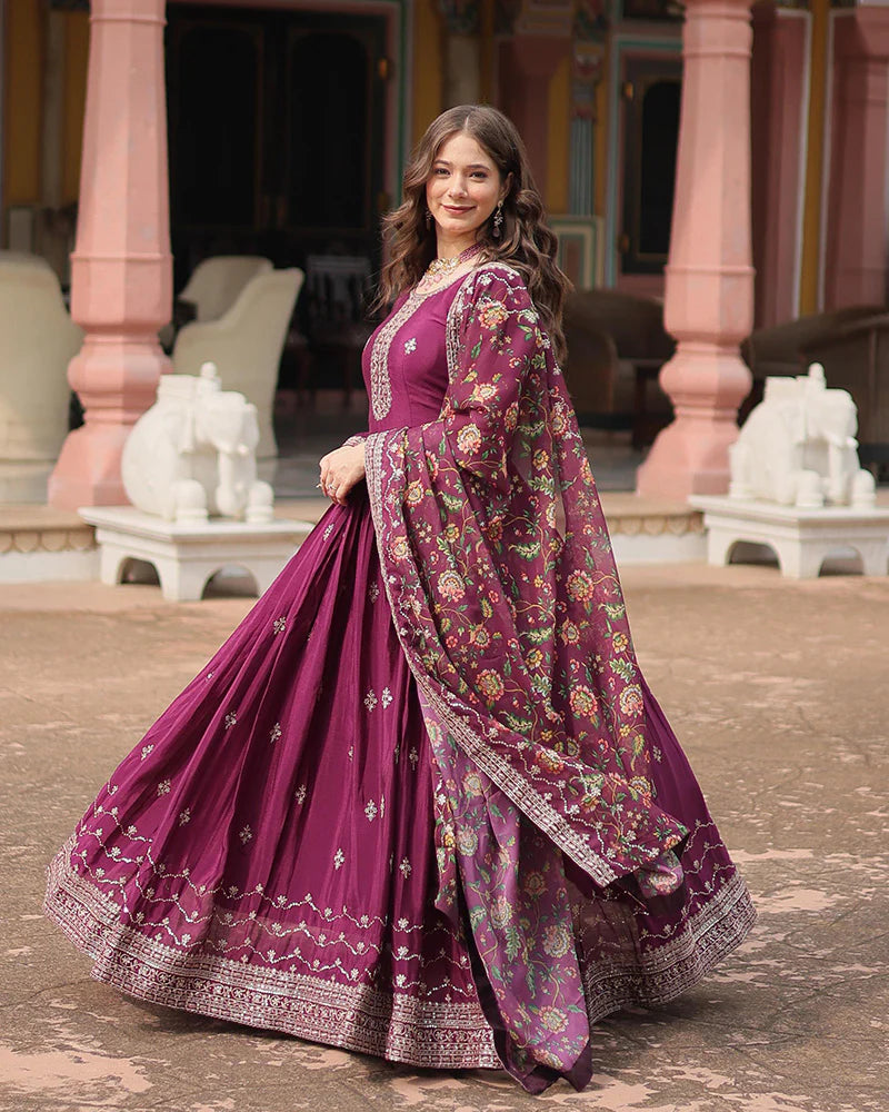 Womenline Wine Color Chinnon Sequence Embroidered Gown