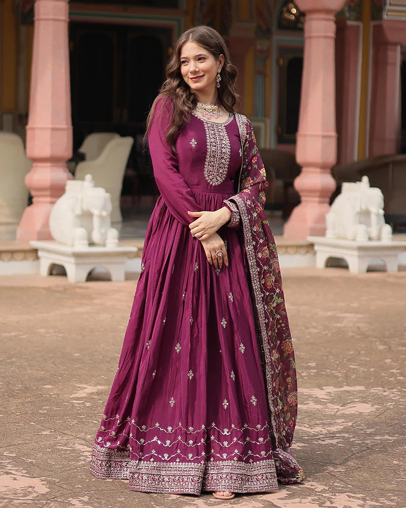 Womenline Wine Color Chinnon Sequence Embroidered Gown