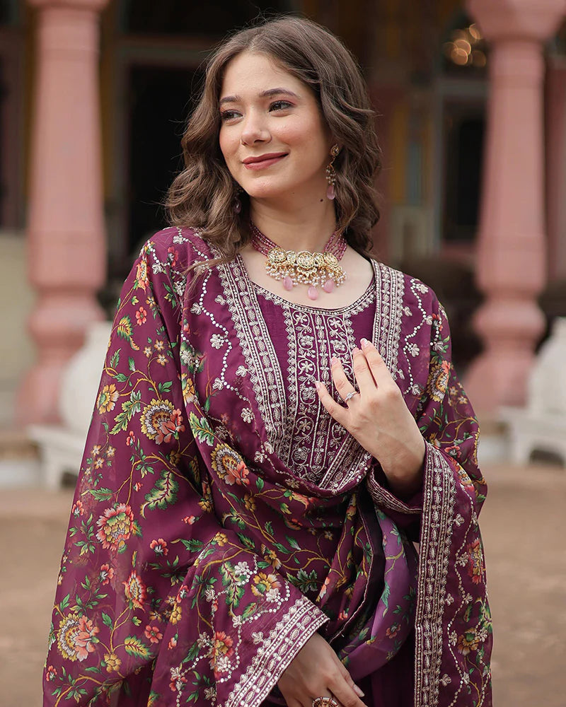 Womenline Wine Color Chinnon Sequence Embroidered Gown