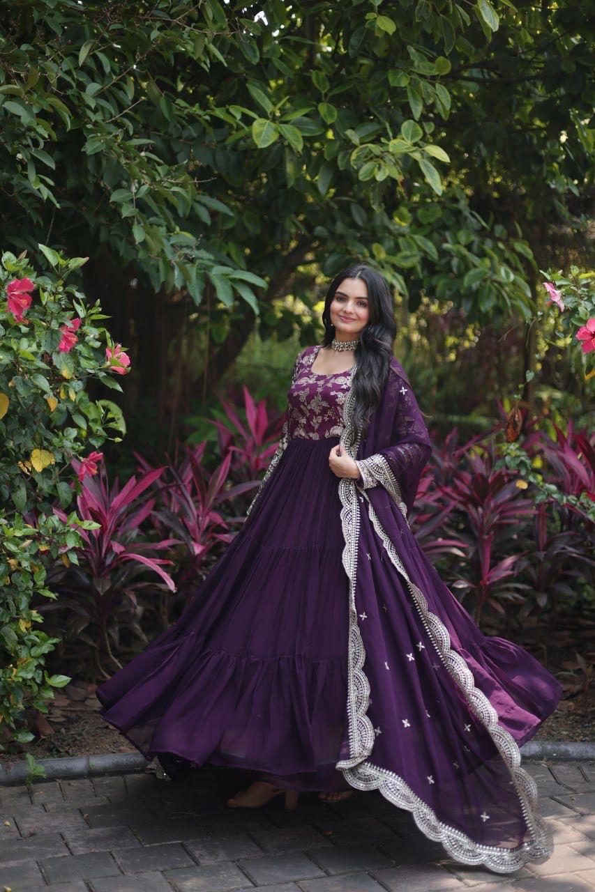 Womenline Wine Color Jacquard Design gown
