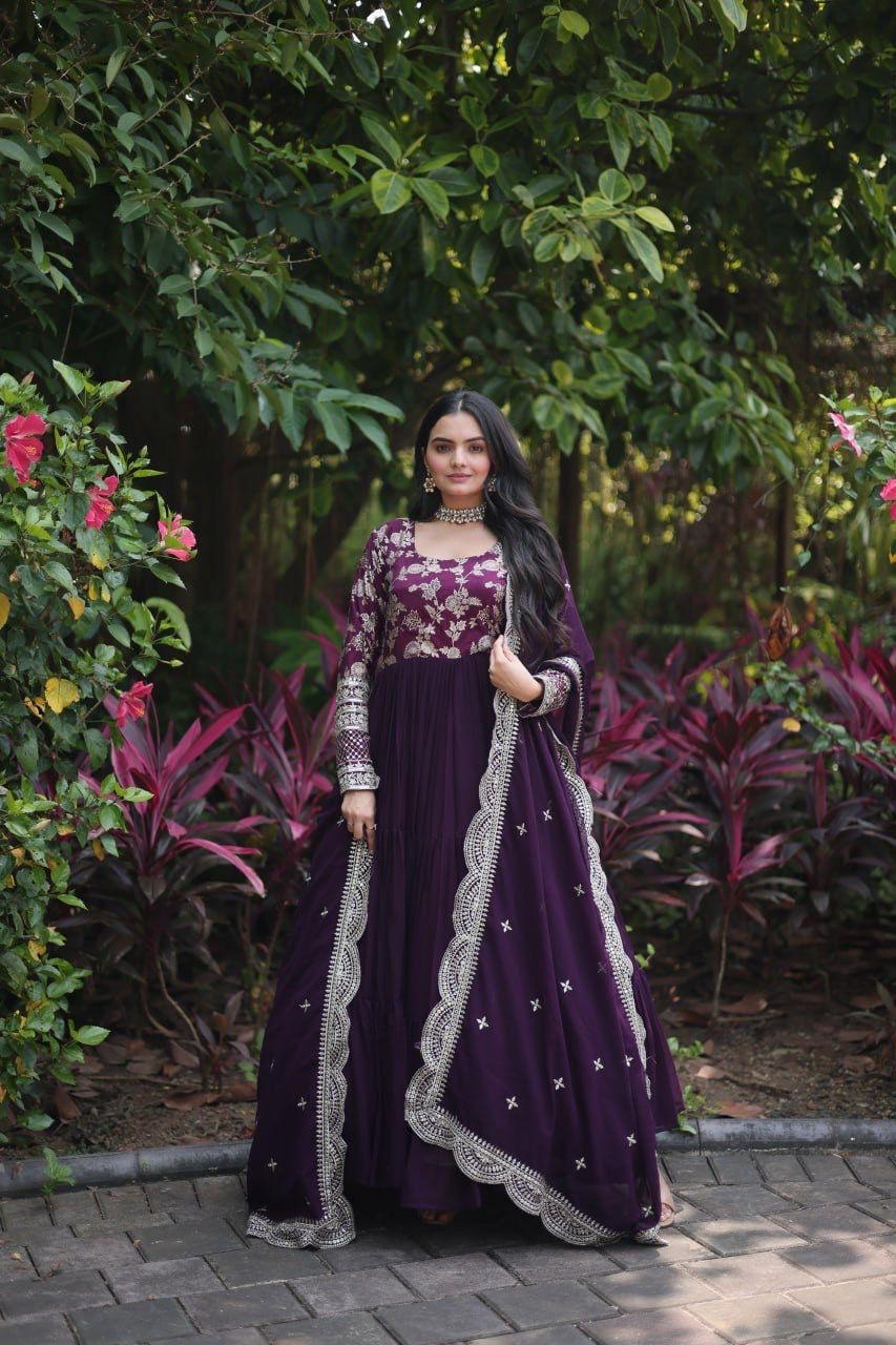 Womenline Wine Color Jacquard Design gown