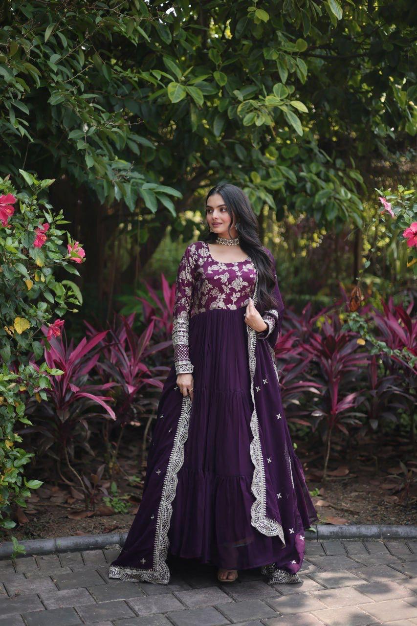 Womenline Wine Color Jacquard Design gown