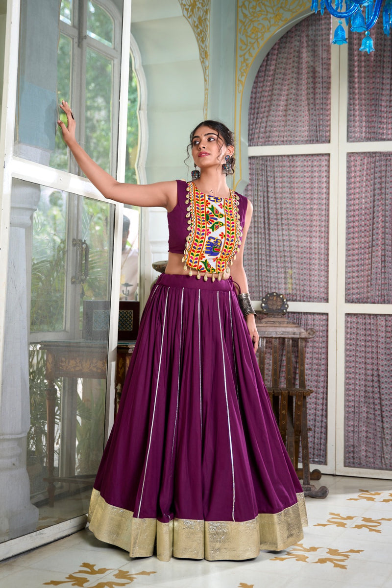 Womenline Wine Color Rayon Lehenga and Gamthi Work Blouse for Navratri