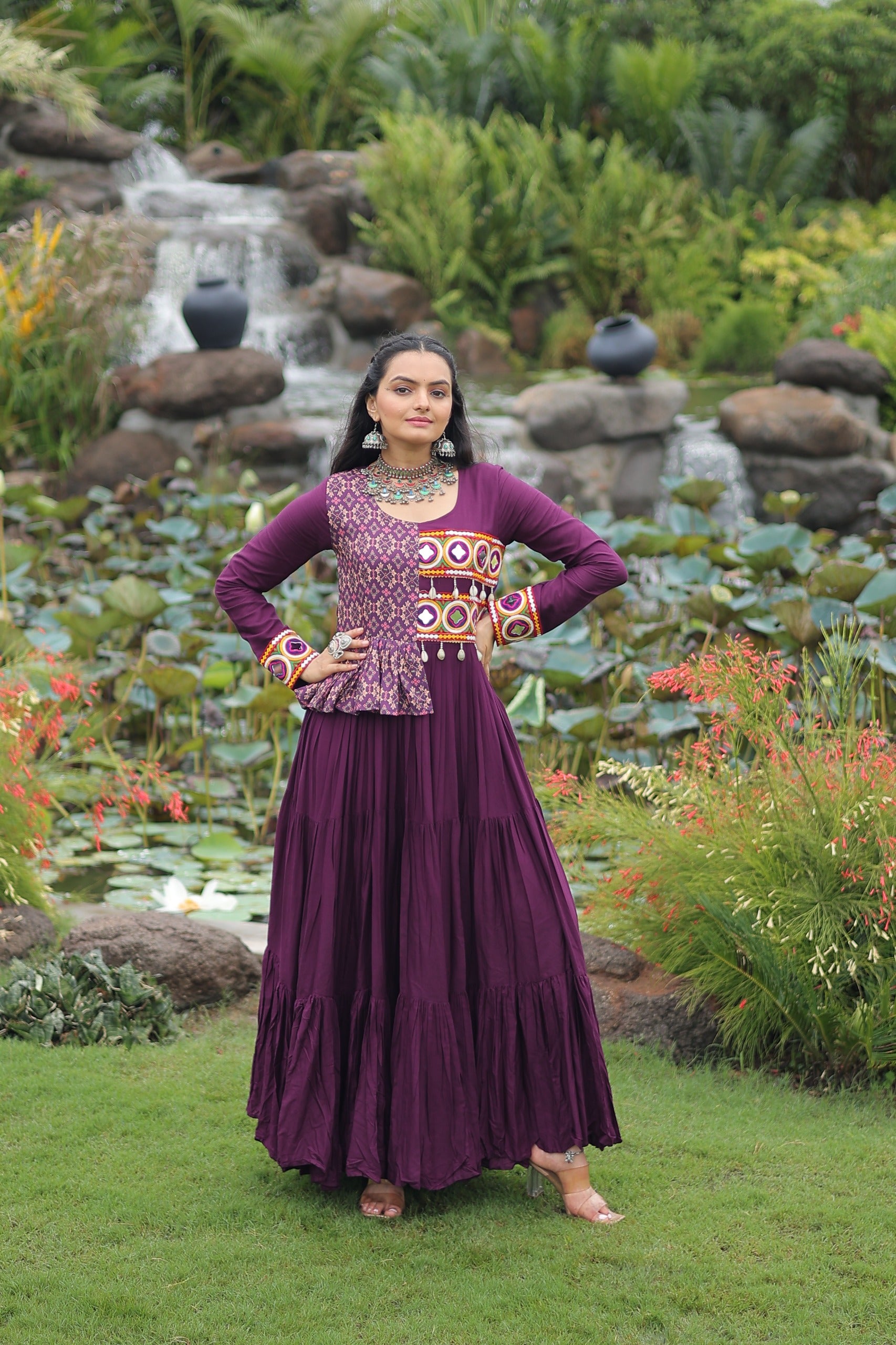 Womenline Wine Color Reyon Navratri Gown