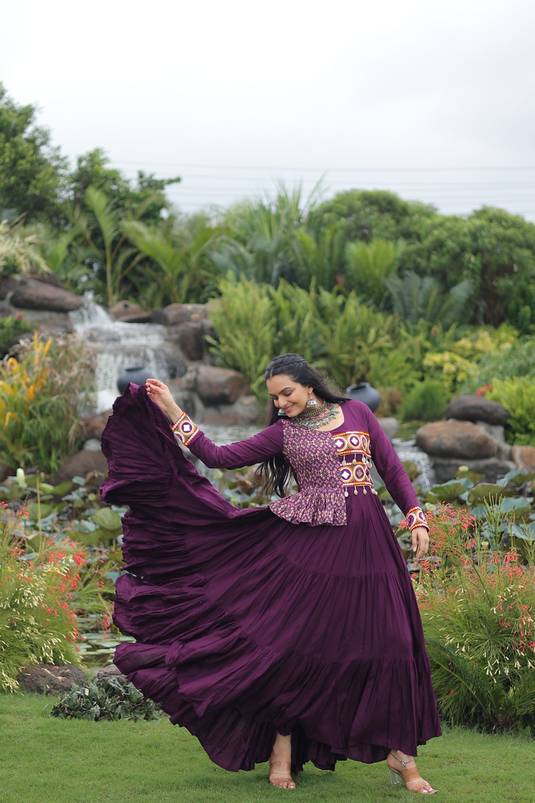 Womenline Wine Color Reyon Navratri Gown