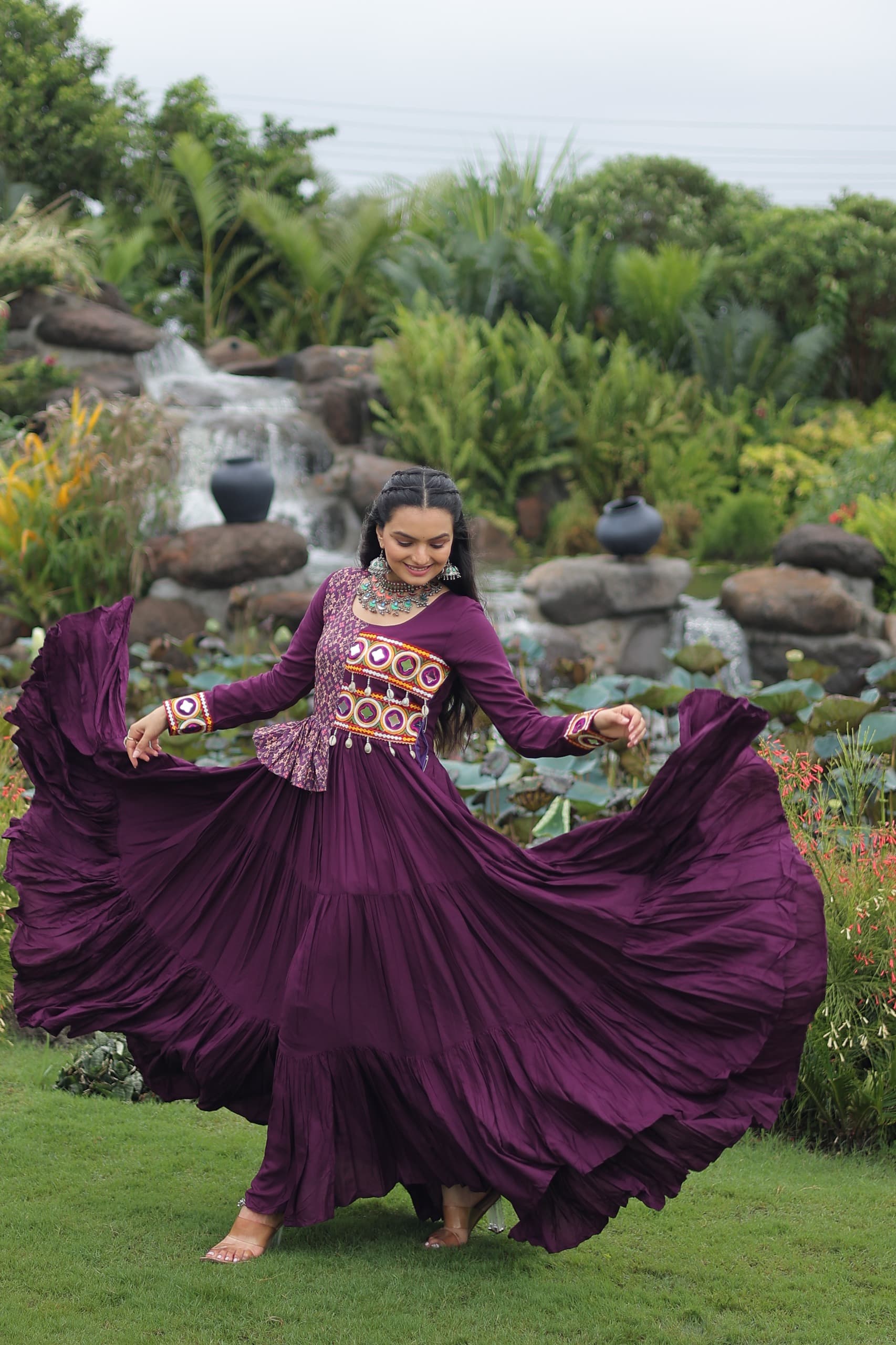 Womenline Wine Color Reyon Navratri Gown