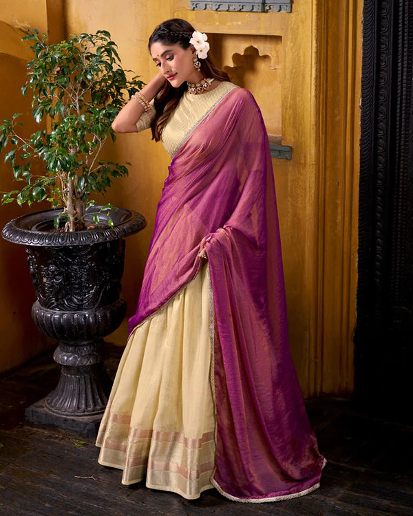Womenline Yelllow Color Dupion Silk Zari Weaving Half Saree