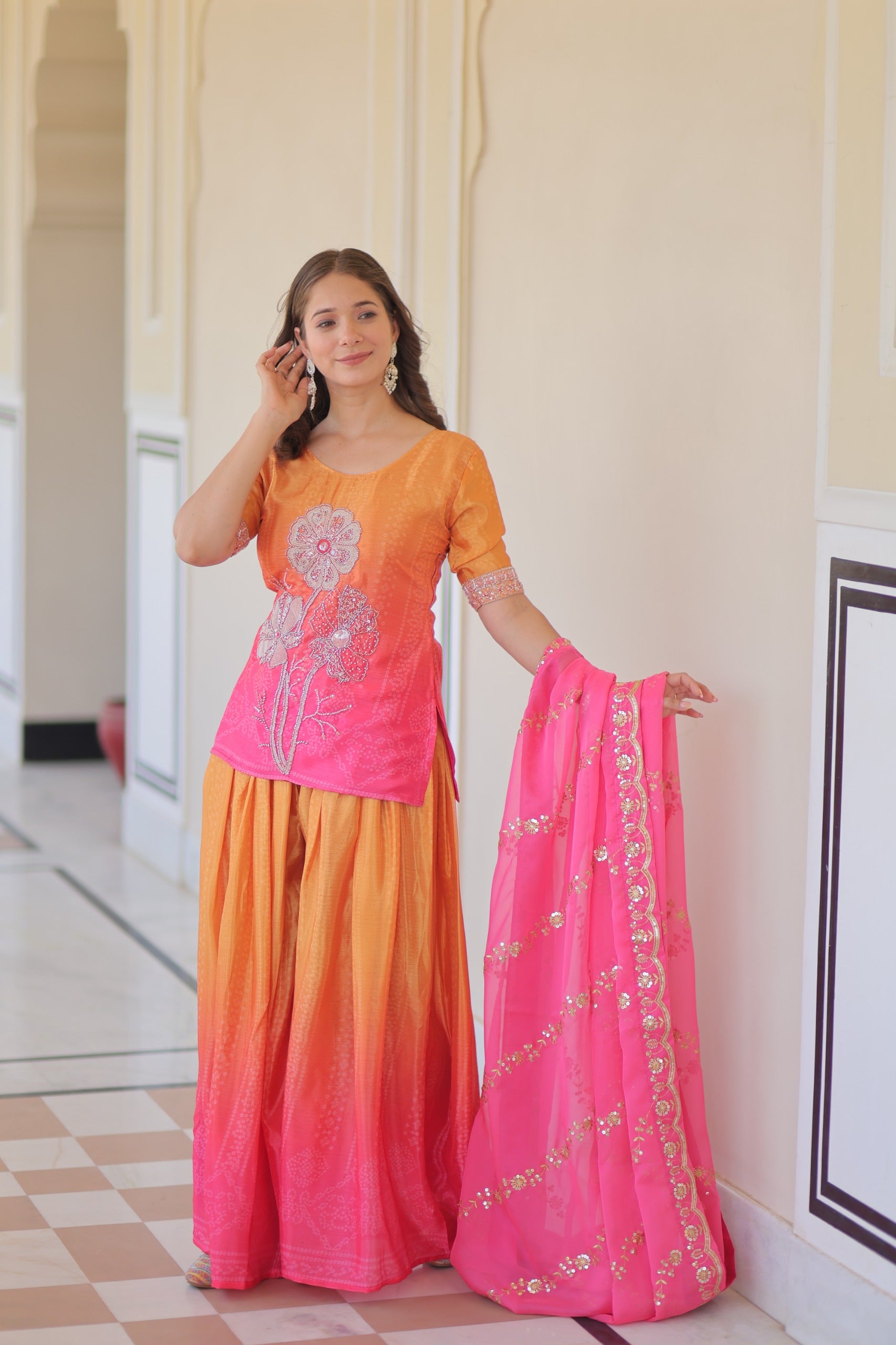 Womenline Yellow And Pink Color Sharara