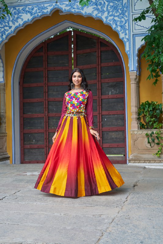 Womenline Yellow And Red Color Chinnon Pedding Navratri Lehenga Choli