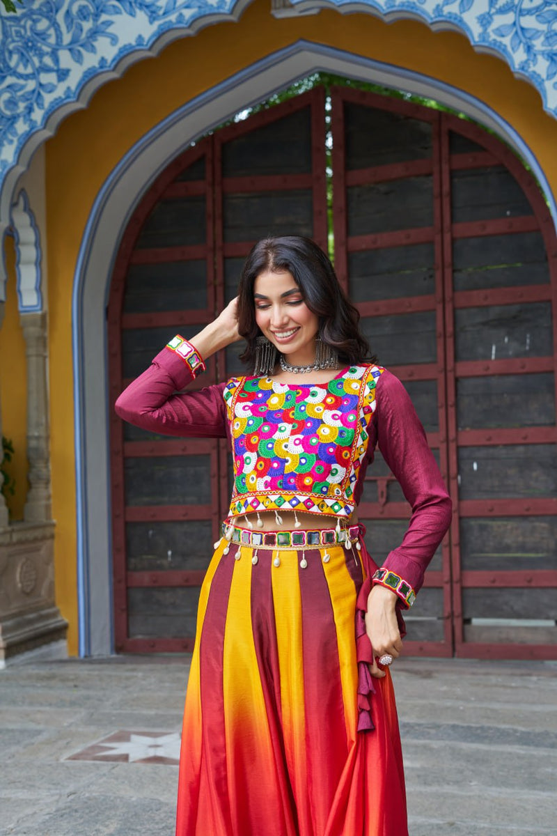 Womenline Yellow And Red Color Chinnon Pedding Navratri Lehenga Choli