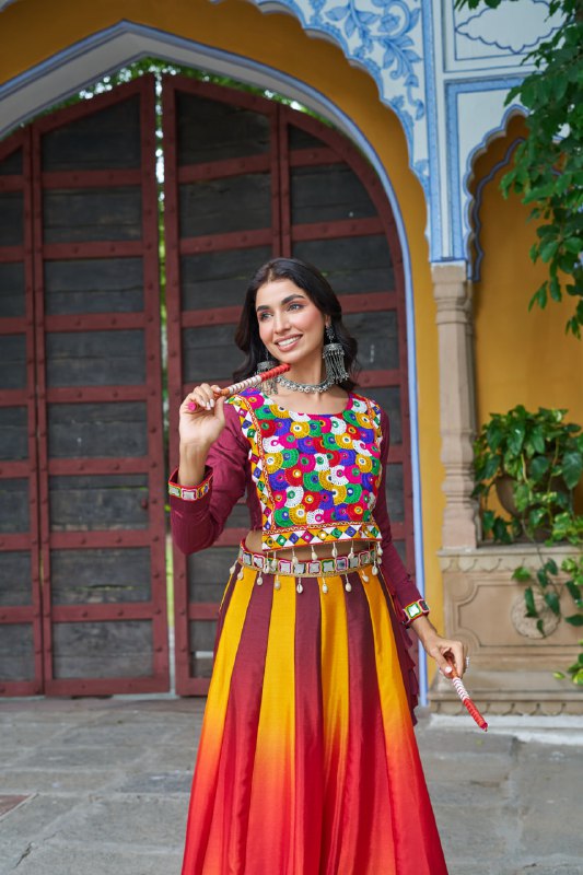 Womenline Yellow And Red Color Chinnon Pedding Navratri Lehenga Choli