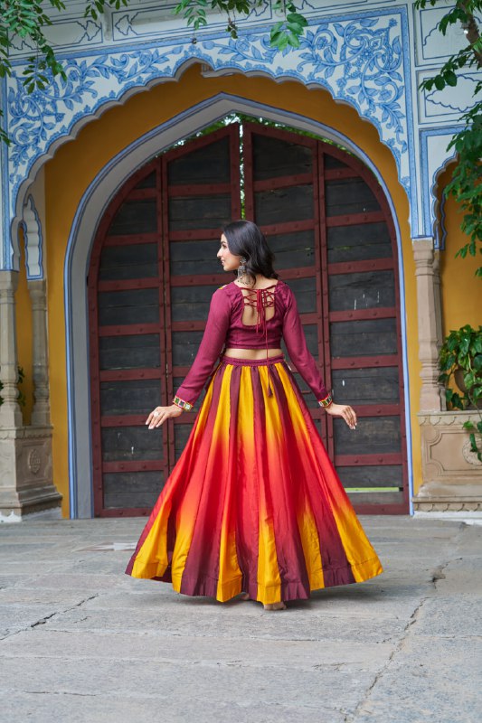 Womenline Yellow And Red Color Chinnon Pedding Navratri Lehenga Choli