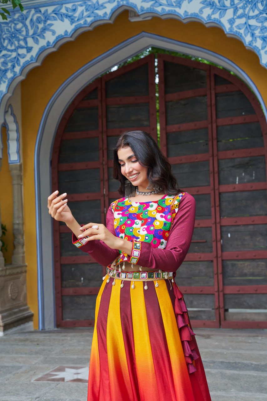 Womenline Yellow And Red Color Chinnon Pedding Navratri Lehenga Choli
