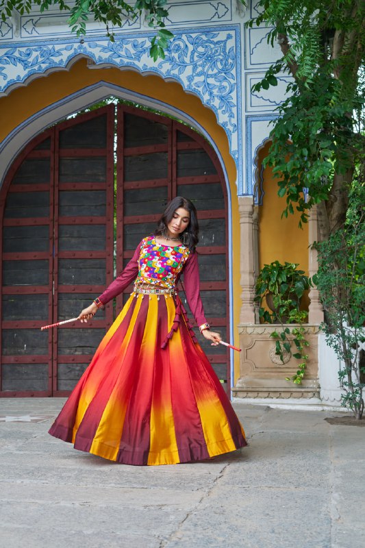 Womenline Yellow And Red Color Chinnon Pedding Navratri Lehenga Choli