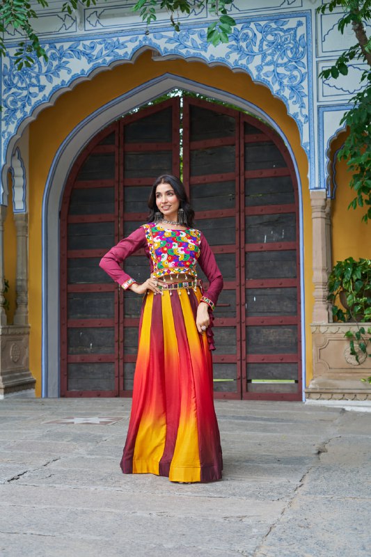 Womenline Yellow And Red Color Chinnon Pedding Navratri Lehenga Choli