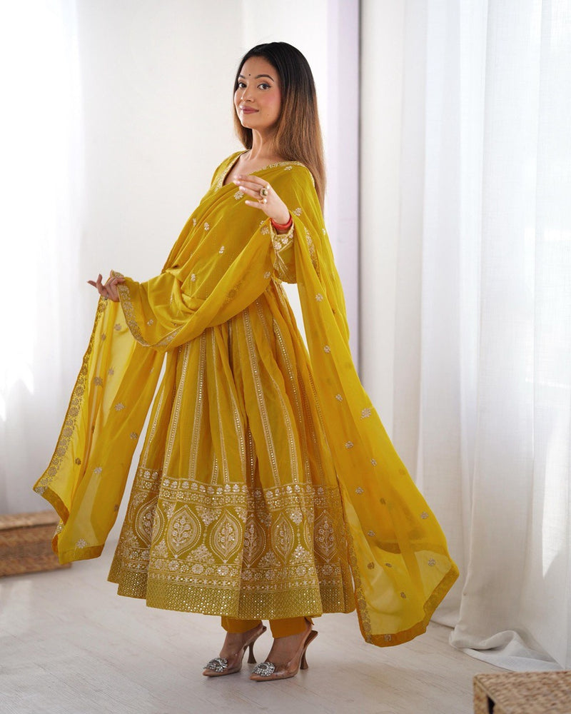 Womenline Yellow Color Antalkali Suit