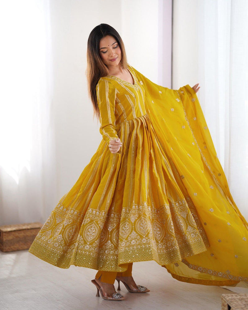 Womenline Yellow Color Antalkali Suit