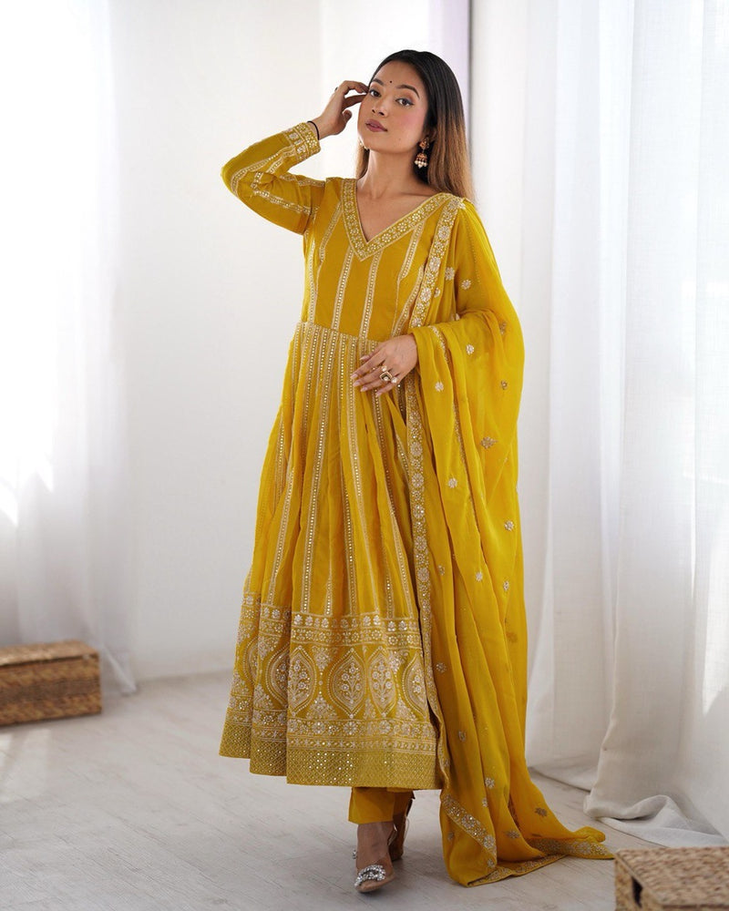 Womenline Yellow Color Antalkali Suit