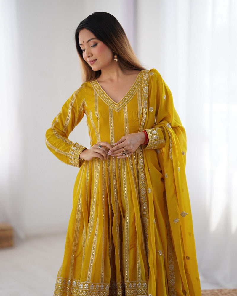Womenline Yellow Color Antalkali Suit