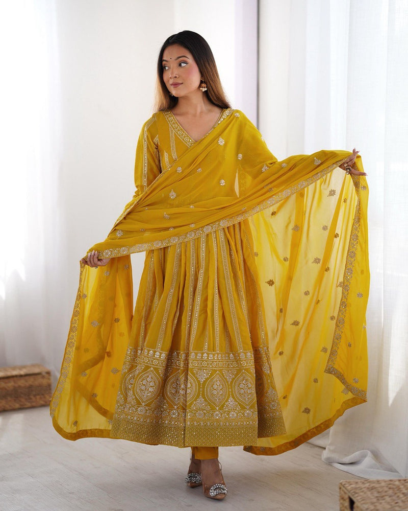 Womenline Yellow Color Antalkali Suit