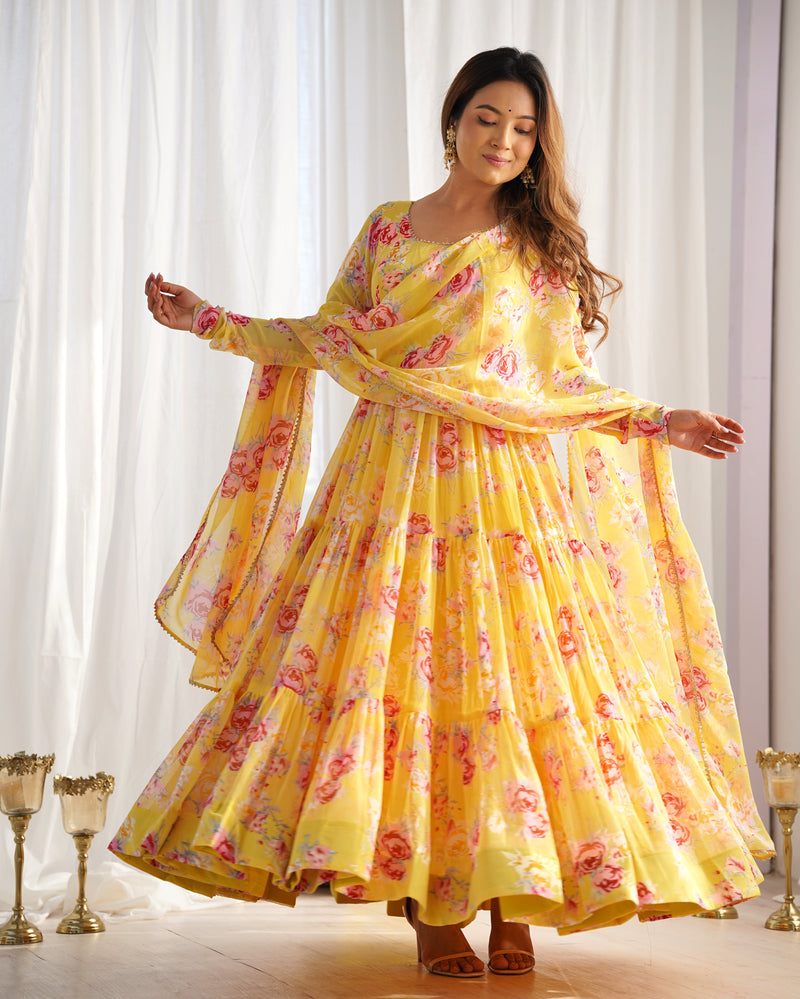 Womenline Yellow Color Georgette Three Layer Ruffle Style Anarkali Suit