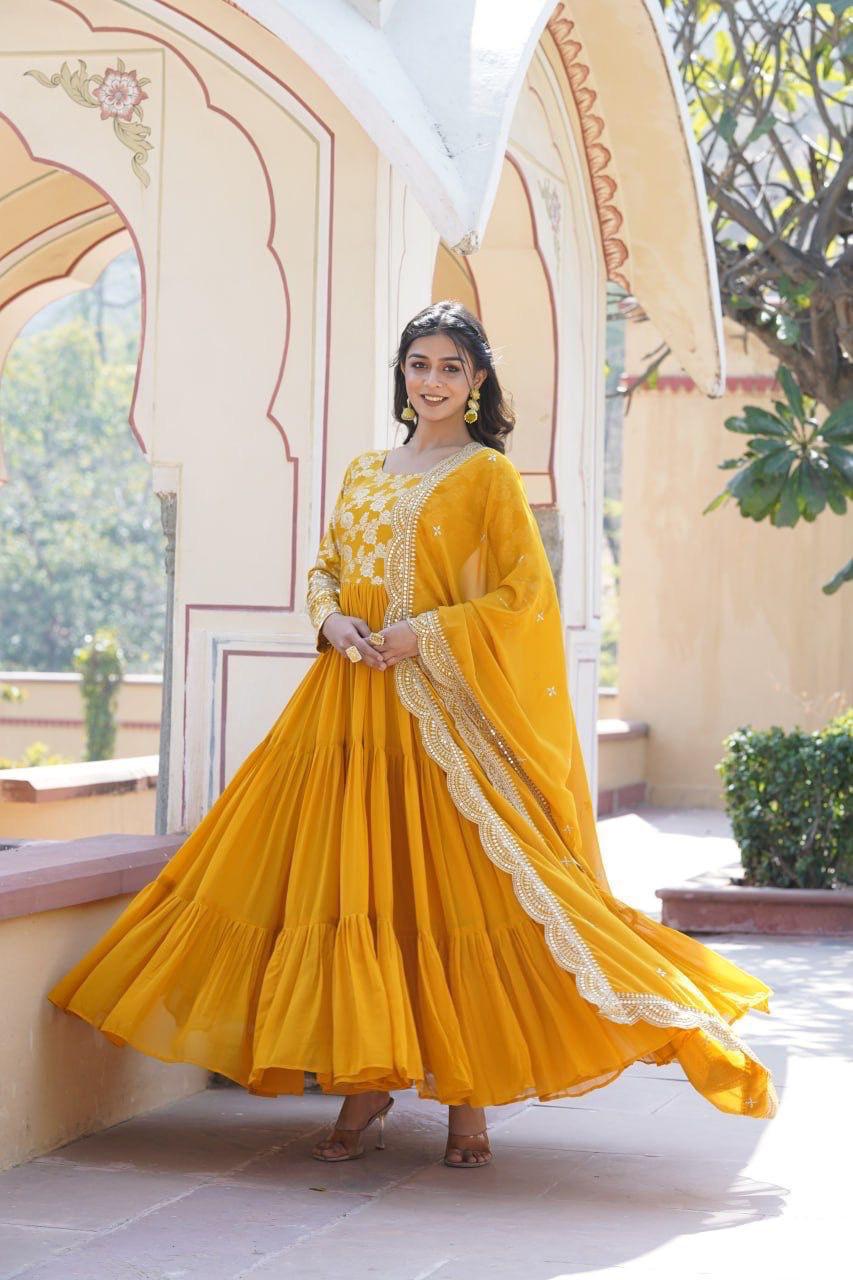 Womenline Yellow Color Jacquard Design Gown