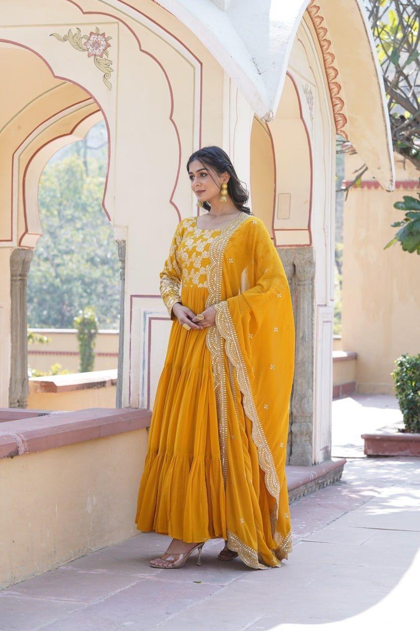 Womenline Yellow Color Jacquard Design Gown