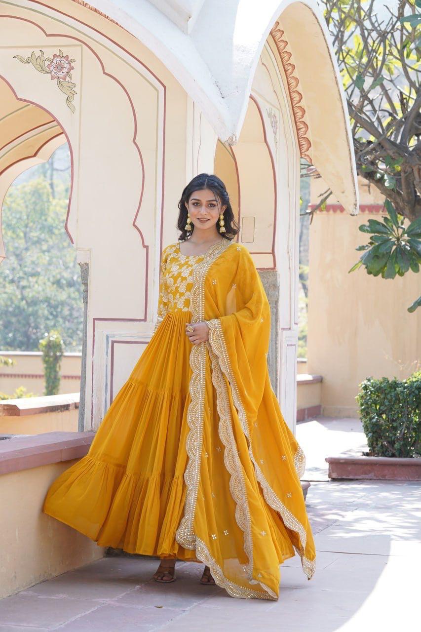 Womenline Yellow Color Jacquard Design Gown