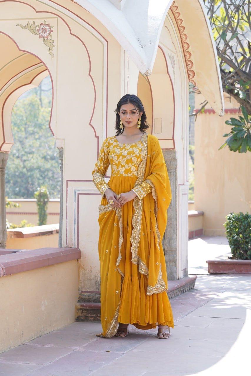 Womenline Yellow Color Jacquard Design Gown