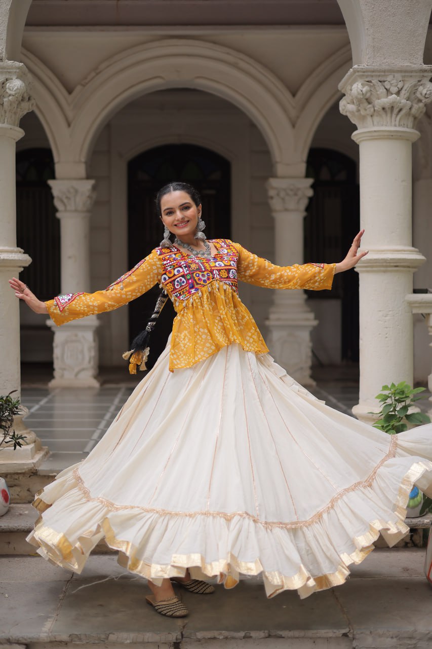 Womenline Yellow Color Kora Cotton Navratri Lehenga Choli